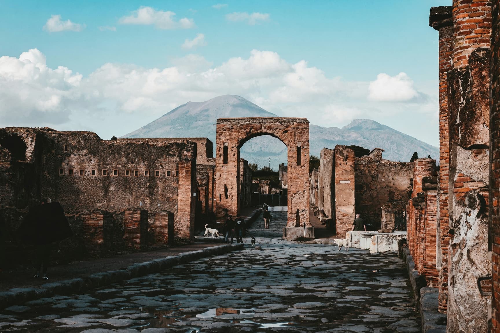 The ruins of Pompeii with Mount Vesuvius rising behind the ancient city